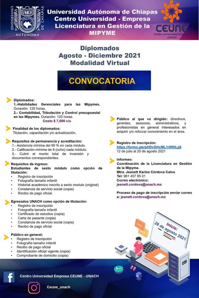 Oferta UNACH los diplomados Habilidades Gerenciales para la Mipymes y Contabilidad, Tributación y Control Presupuestal en las Mipymes