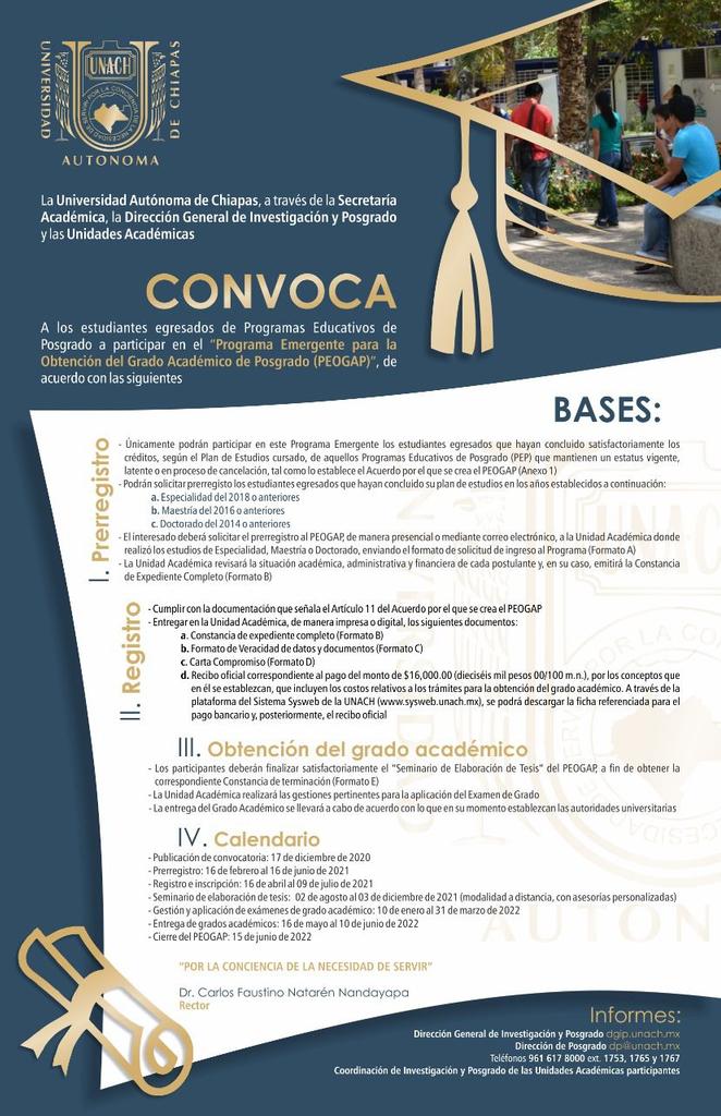 Llama UNACH a egresados a formar parte del Programa Emergente para la Obtención del Grado Académico de Posgrado&nbsp;