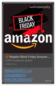 ESET, compañía de seguridad informática, alerta sobre una nueva estafa circula a través de WhatsApp suplantando la identidad de Amazon y utilizando como excusa el BlackFriday