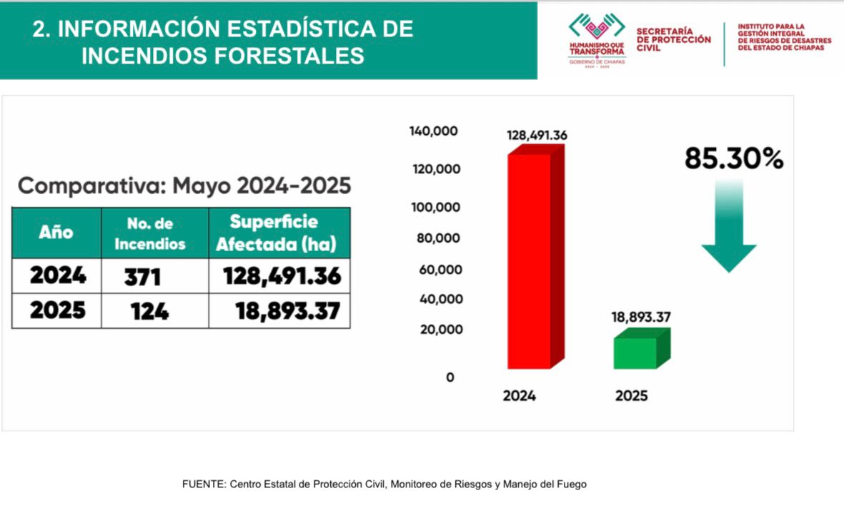 Chiapas, a la baja en incendios forestales con un 85 % menos de superficie afectada que en 2024 
