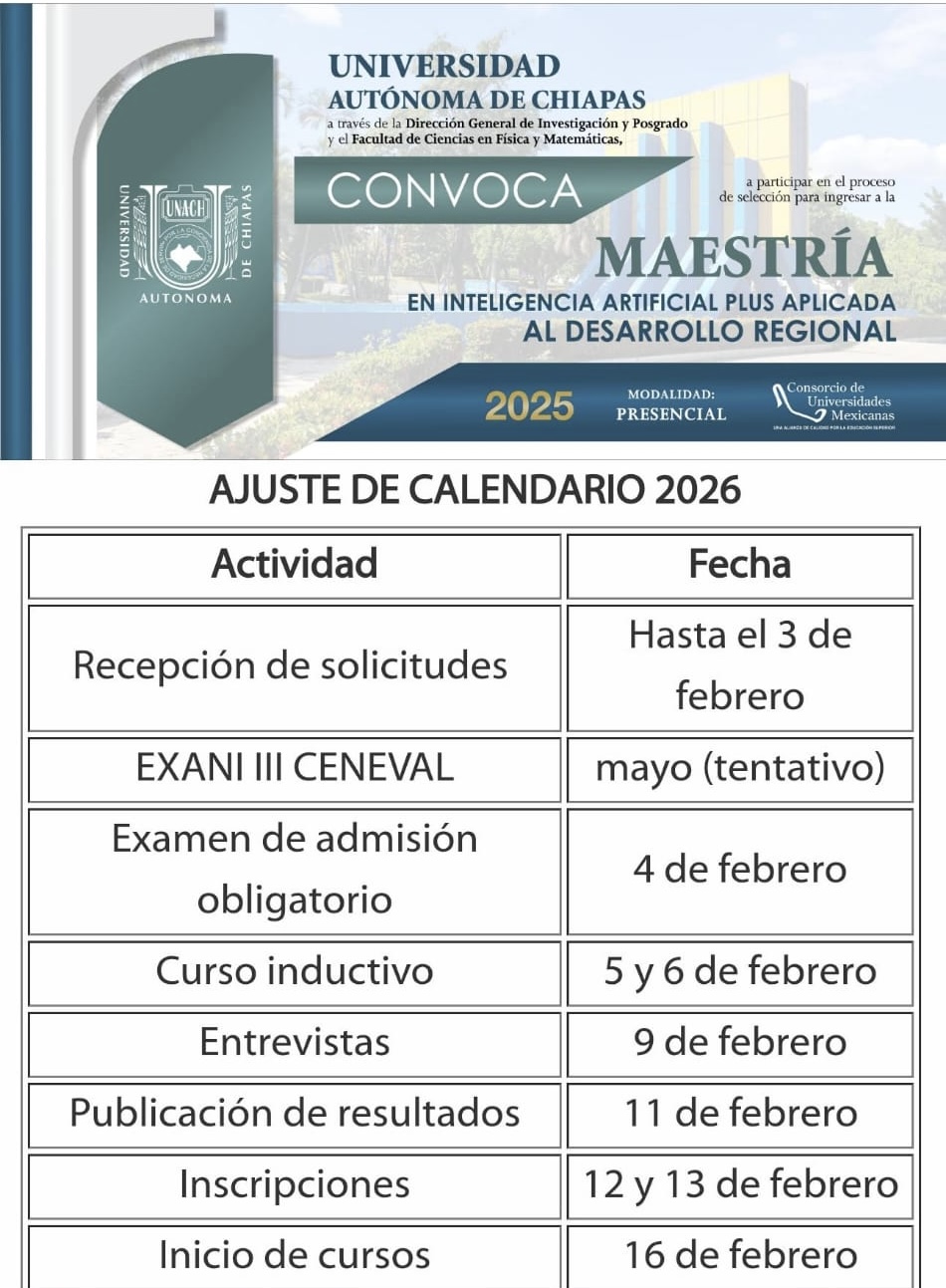 Extiende UNACH la fecha de la convocatoria para la Maestría en Inteligencia Artificial Plus Aplicada al Desarrollo Regional