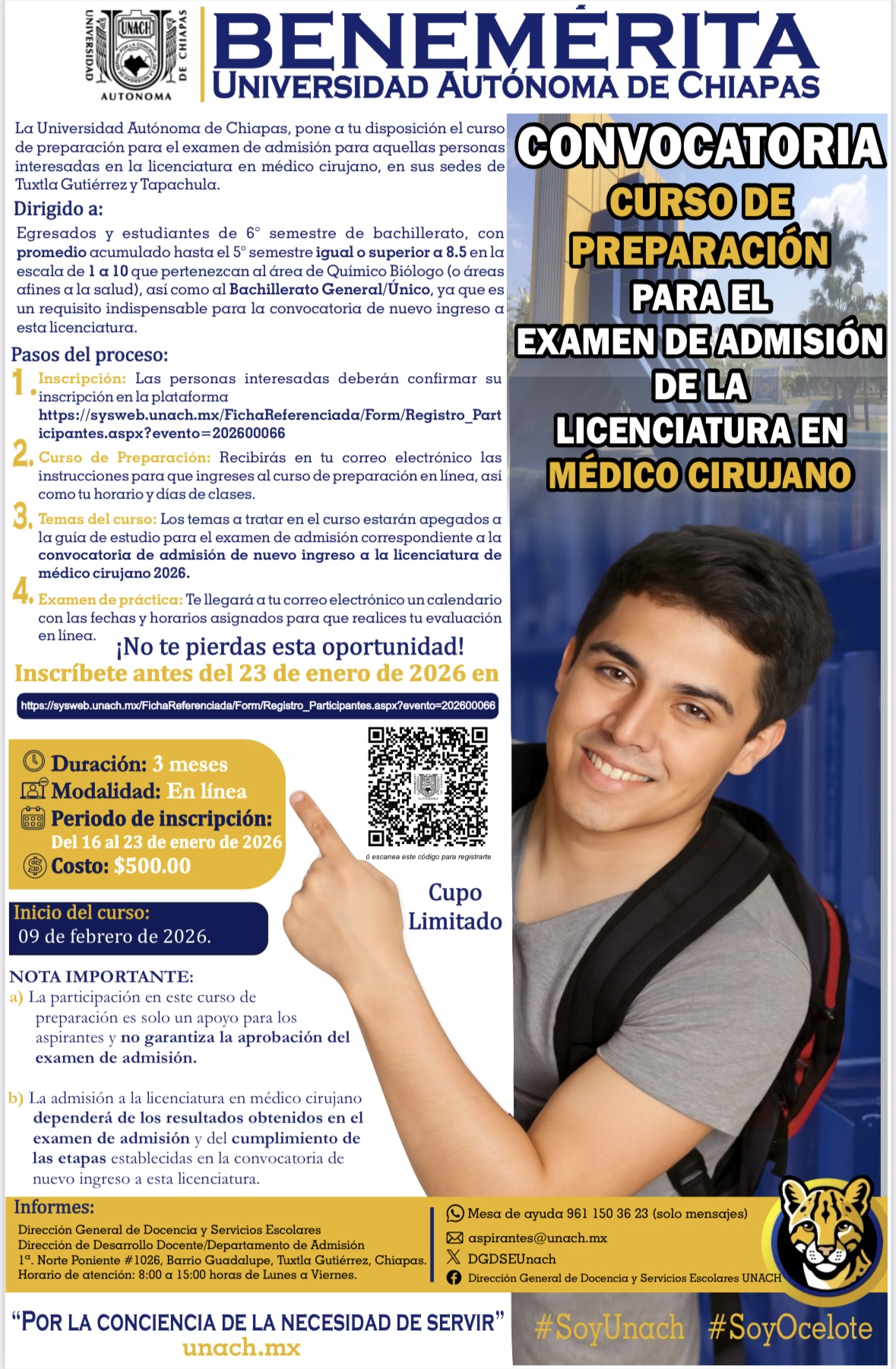 Abierta las inscripciones del curso de preparación para el examen de admisión de la Licenciatura en Médico Cirujano en la UNACH