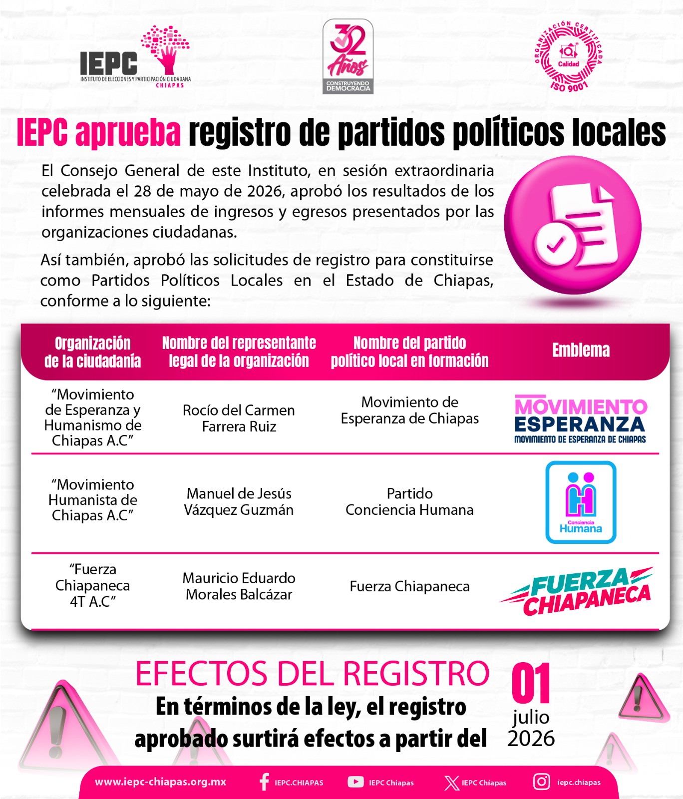 Aprueba Consejo General del IEPC registro de tres partidos políticos locales
