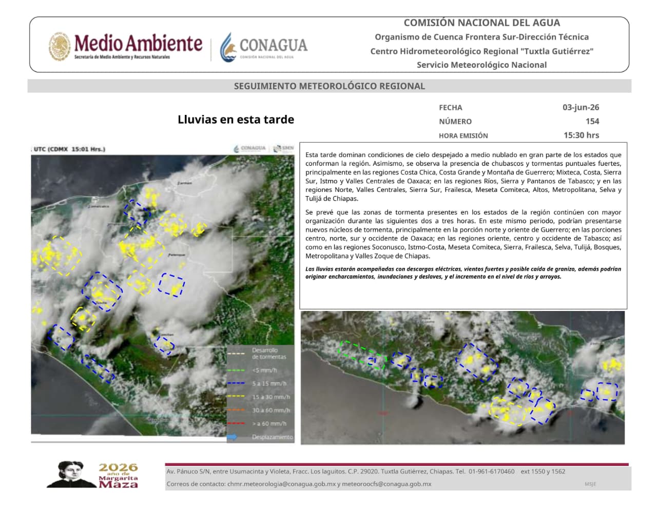 Prevé Conagua lluvias, tormentas eléctricas y posible caída de granizo en Chiapas