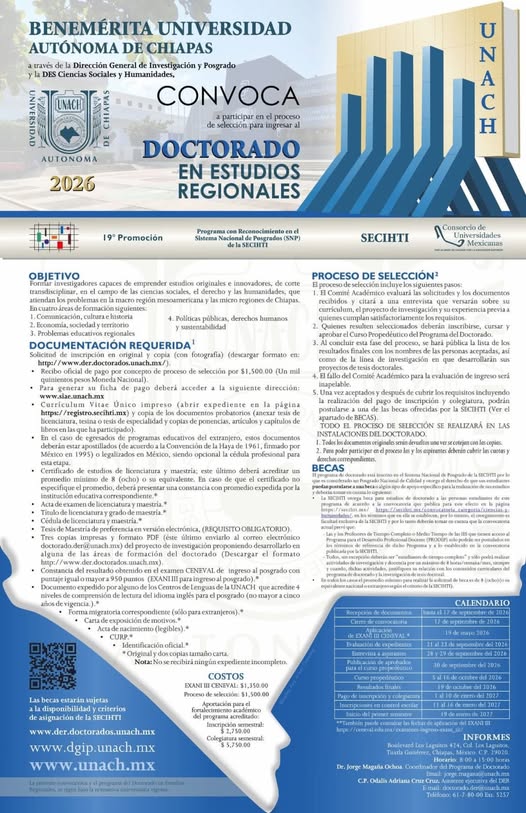 Abierta la convocatoria de ingreso Doctorado en Estudios Regionales que se imparte en la UNACH